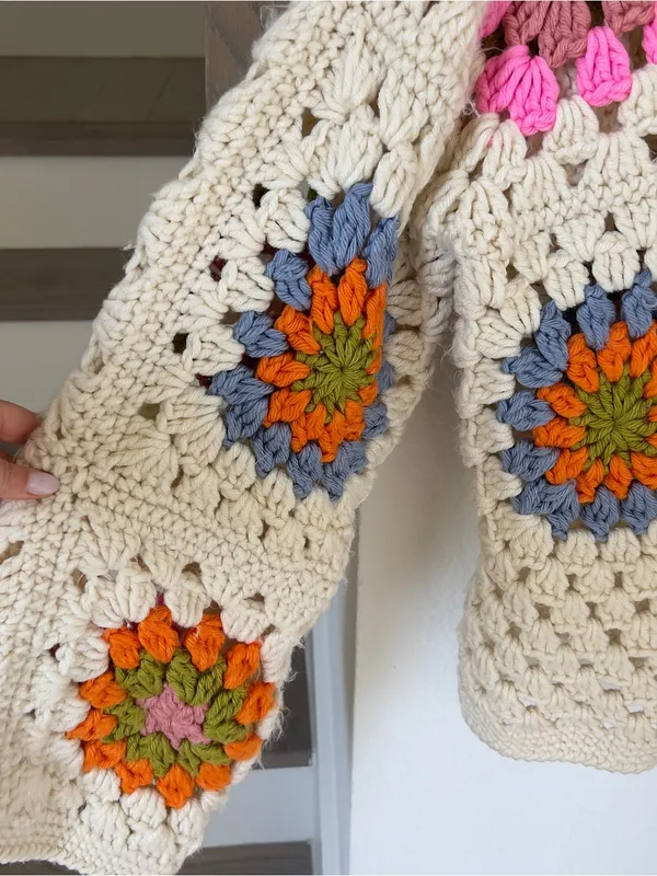 Free People Society Mano Beige Granny Square Pullover Sweater - Image 5