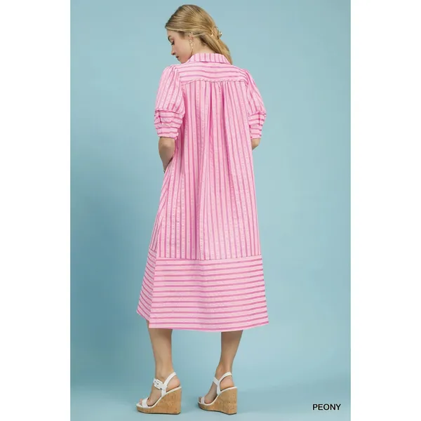 Umgee Striped Puff Sleeve Midi Dress - Peony - Small‎ - Image 3
