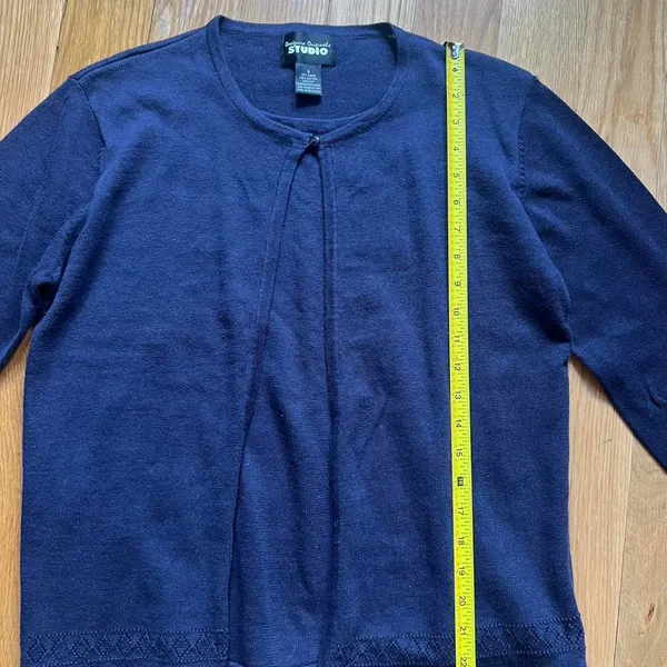 Y2K Cotton Ramie Navy Open Front Cardigan Sweater Embroidered Trim Vintage Sz S - Image 6