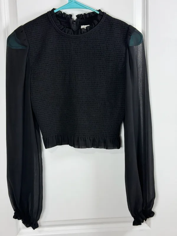 Wilfred Aritzia Black Tempest Smocked Blouse with Sheer Long Sleeves - Image 3