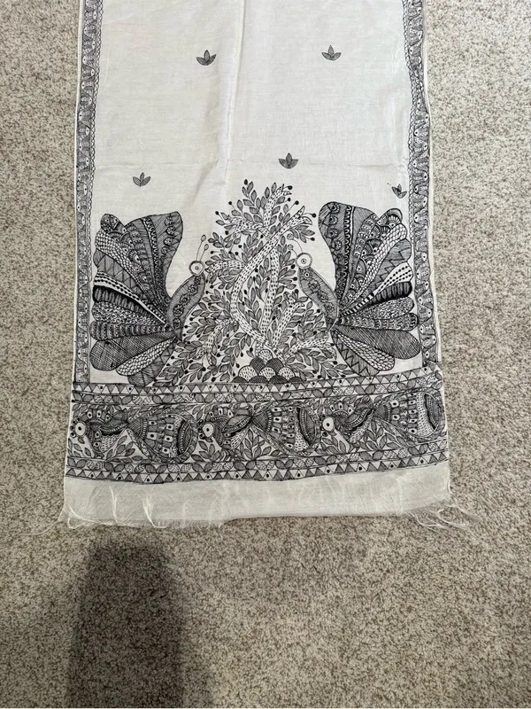 Fine Indian Kalamkari Peacock Floral Scarf Stole Dupatta White Black - Image 2