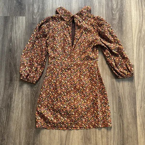 Free People Brown Printed Floral Sheath Mini Dress Small 3/4 Sleeves Collared - Image 4