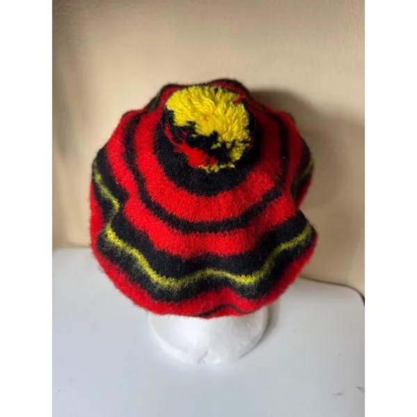 MZ Wallace Wool‎ Beret Hat Striped Red Black Yellow Pom Pom Made in Scotland - Image 4