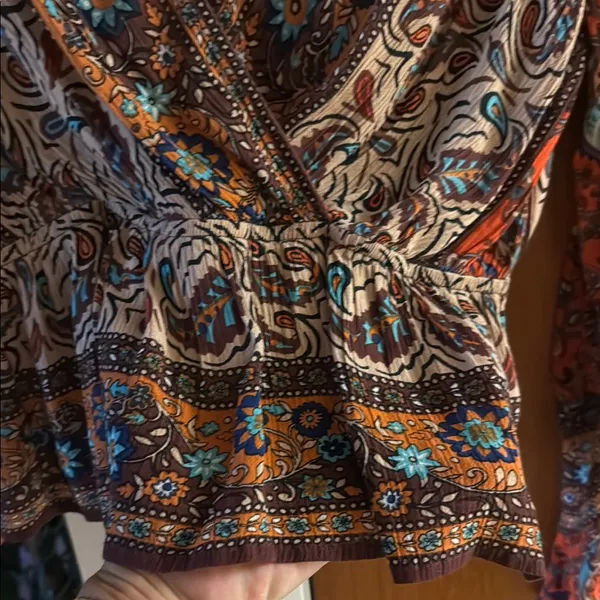 Free People Wrap Peplum Blouse in Brown and Orange Long Flared Sleeves - Image 3