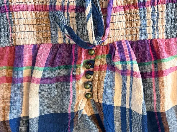 Anthropologie Pilcro Blouse Womens Large Pink Navy Plaid Smocked Waist V-Neck - Image 6