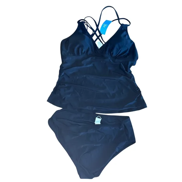 CUPSHE‎ Womens Black Tankini Swimsuit Set Size L Criss Cross Straps - Image 2