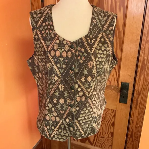 Vintage Tapestry Vest | Floral Geometric Button Front | Women’s Large - Image 4