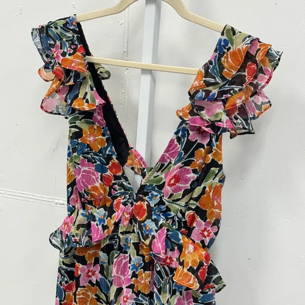 AQUA Floral‎ Metallic Ruffle Mini Dress Open Back Tie Multi Color Large Summer - Image 3