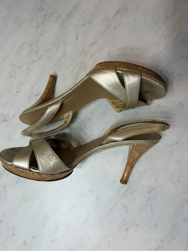 Stuart Weitzman Gold Metallic Leather Cork Platform Slingback Heels Size 7 Y2k - Image 3