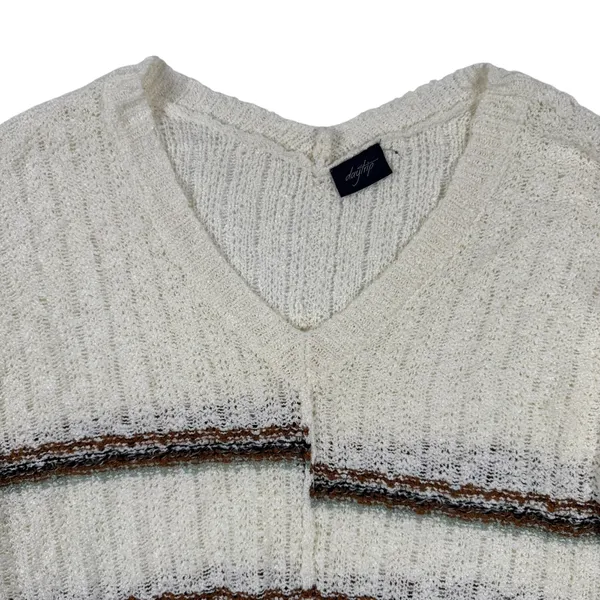 Daytrip Boho Fringe Sweater Cream Striped Distressed‎ Hem Knit Top M/L - Image 3