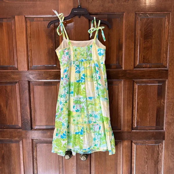 Lilly Pulitzer Patchwork Linen‎ Dress Size 4 Green Yellow Floral Tie Strap Lace - Image 5
