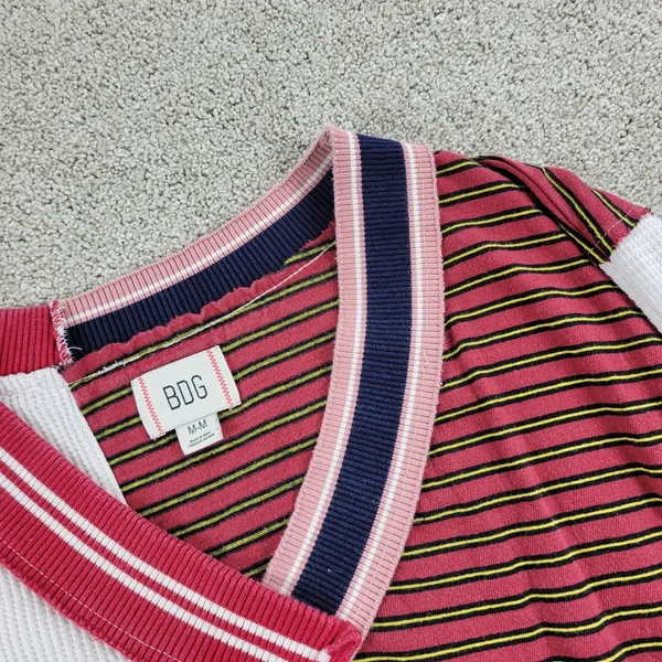 BDG UO Frazier Sweater M White Red Stripe Asymmetric Patch Waffle Knit Acadamia - Image 11