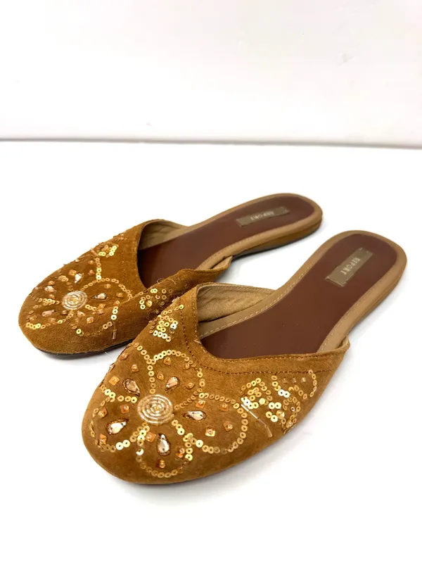 REPORT brown fabric/sequins/beading slides, unmarked size 9 - Image 2