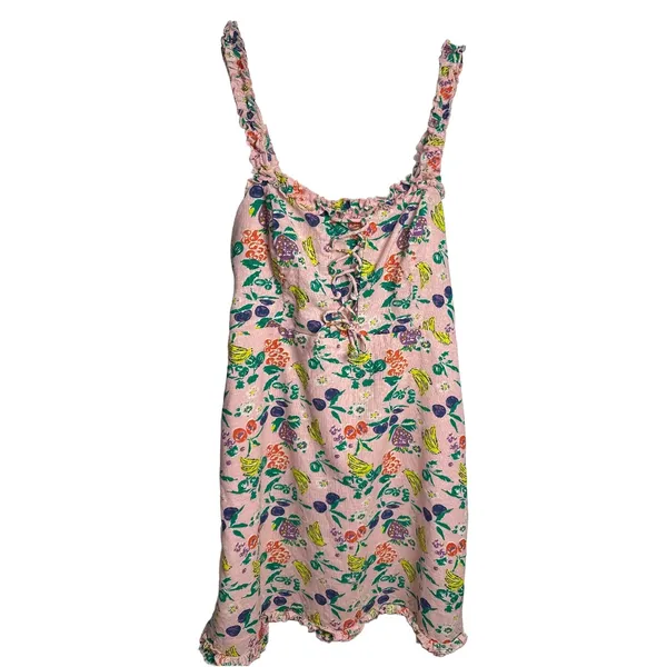 Urban Outfitters Robin Lace-Up Mini Dress Tropical Fruit Print Medium - Image 5