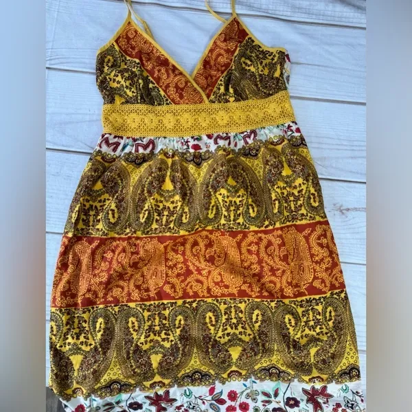Daytrip Slip Dress Multicolored Boho Paisley Crochet Waistband Spaghetti Straps - Image 8