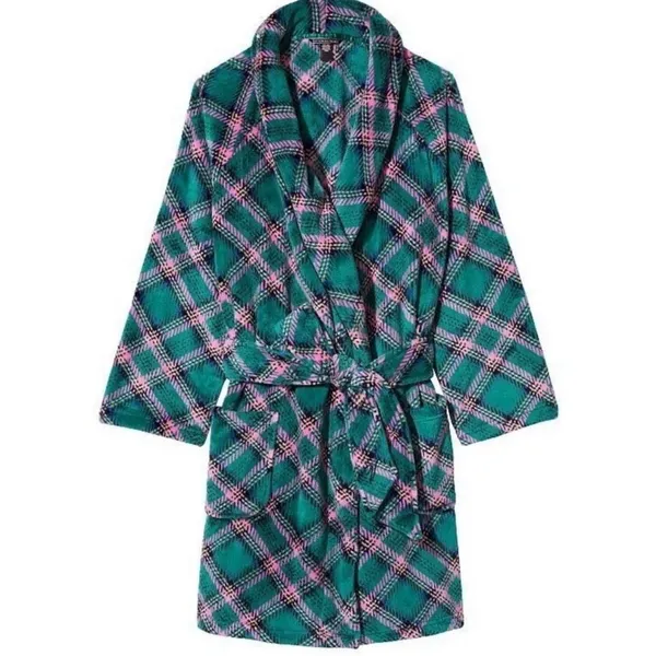 NEW Victoria's Secret Cozy Plush Short Robe Jade Plaid Womens Size Medium Large - Image 2