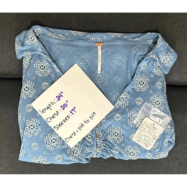 Free People Women's S Sydney Chambray Combo Bishop Sleeve‎ Top NWT Blue Stretch - Image 4