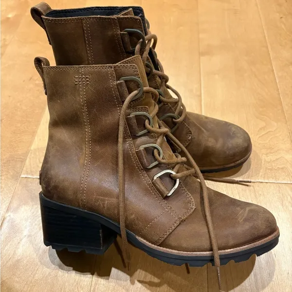 Sorel Cate lace bootie ankle boot sz 9 combat leather brown - Image 3