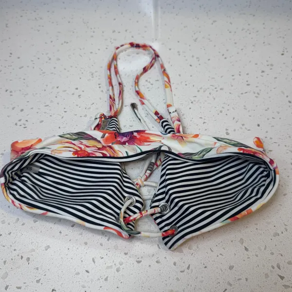 Tropical‎ Floral Lace Up Bikini Top XS White Striped Lining Summer Swimwear - Image 4