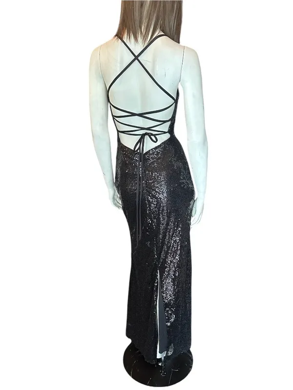 Monvelli Sequin Halter Open Back Slip Dress Black Size 2 NWT - Image 4
