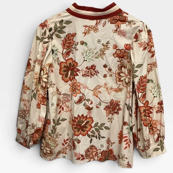 Entro Floral V-Neck Balloon Sleeve Fall Blouse Tan Orange Red Small - Image 9