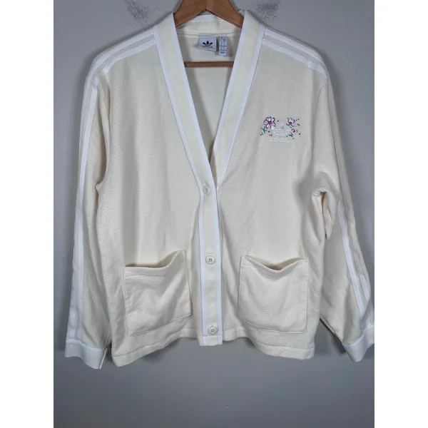 Adidas Cardigan Women Small Cream Floral Terry Cloth Sporty Athleisure street - Image 2