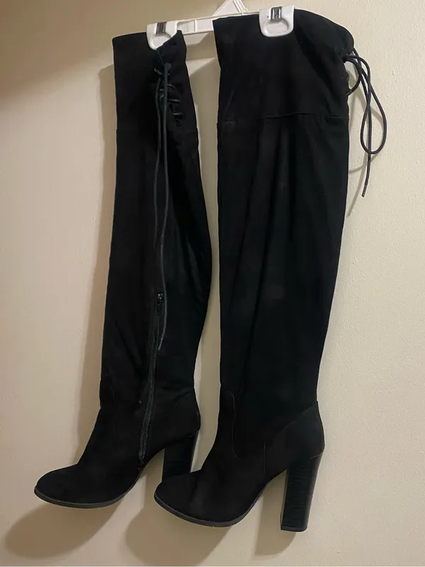X2B Womens Size 6.5 6 1/2 Black Faux Suede 25” Tall Boots 3.75” Chunky Heel Ties - Image 2