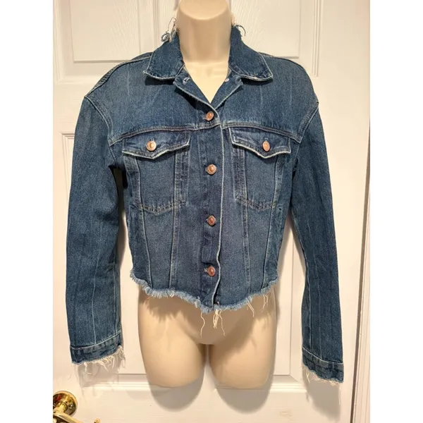 ZARA Trafaluc Cropped Denim Jacket Distressed Raw Hem Blue S 5252/215/400 - Image 2