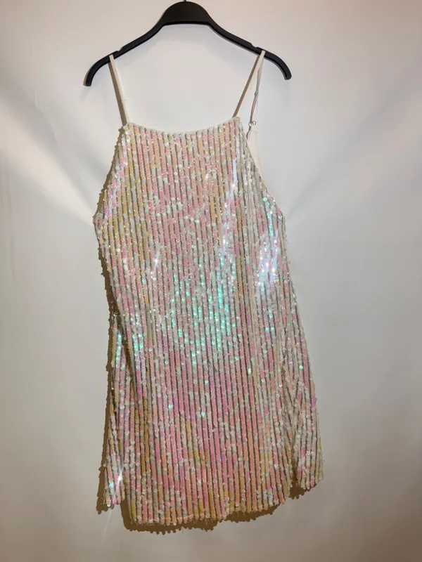 Fame & Partners Iris Pearl Iridescent Sequin Stripe Square Neck Mini Dress US 6 - Image 2