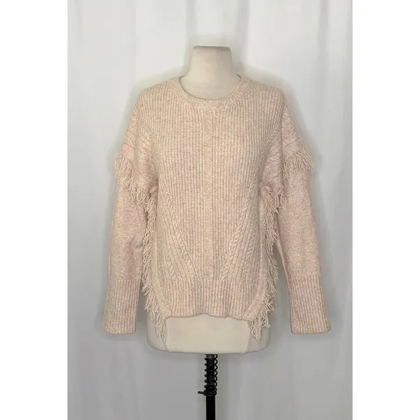 By ANTHROPOLOGIE Josey Fringe Sweater Marled Pink Pink Crew Neck Wool Small - Image 2
