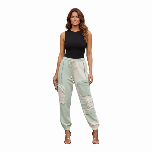 Hot & Delicious Colorblock Cargo Jogger Pants Mint Green Cream Multi Pocket SM - Image 13