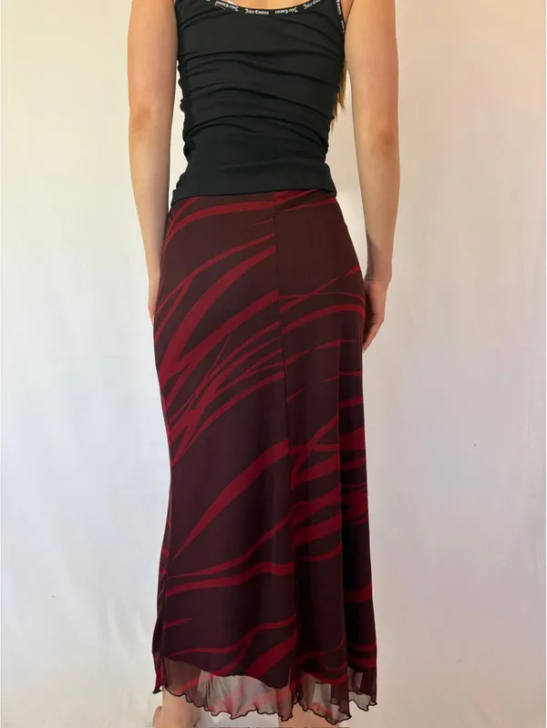 Dark Red Y2K Vintage Mesh Overlay Abstract Maxi Skirt - Image 4