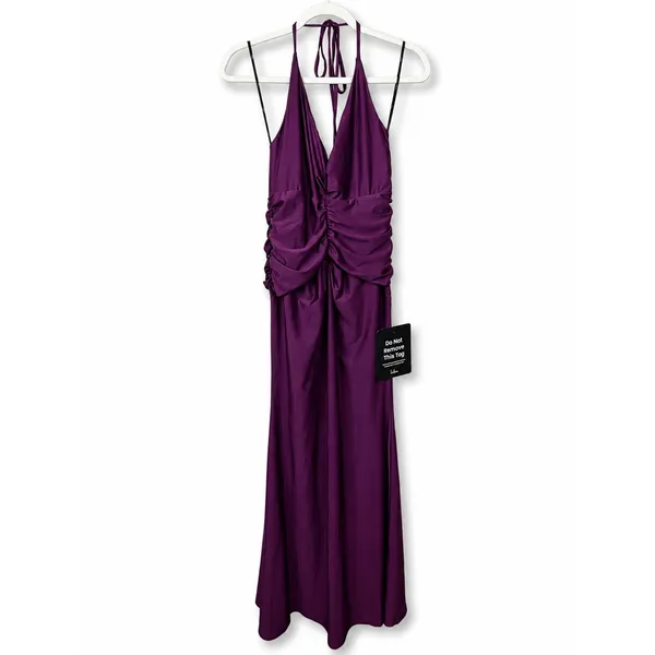 NEW Lulus Zaniya Plum Ruched Halter Open Back Jersey Mermaid Maxi Dress Large - Image 8