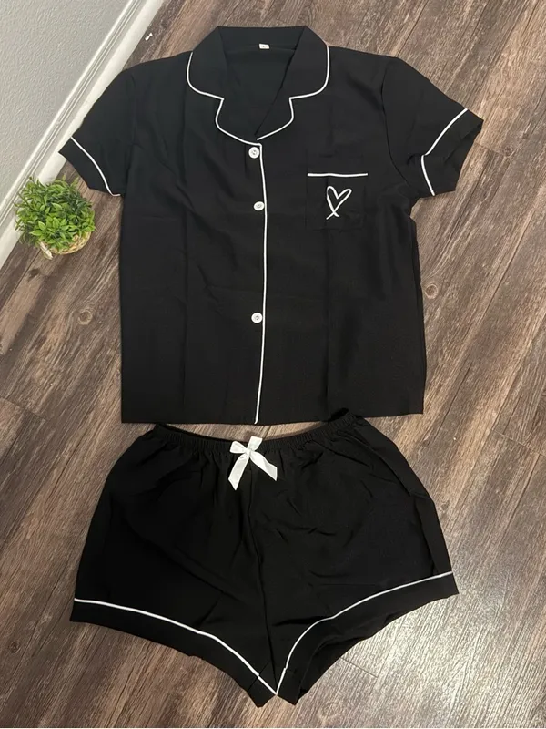 SHEIN Black Short Sleeve Button Pajama Set with White Piping - Image 2
