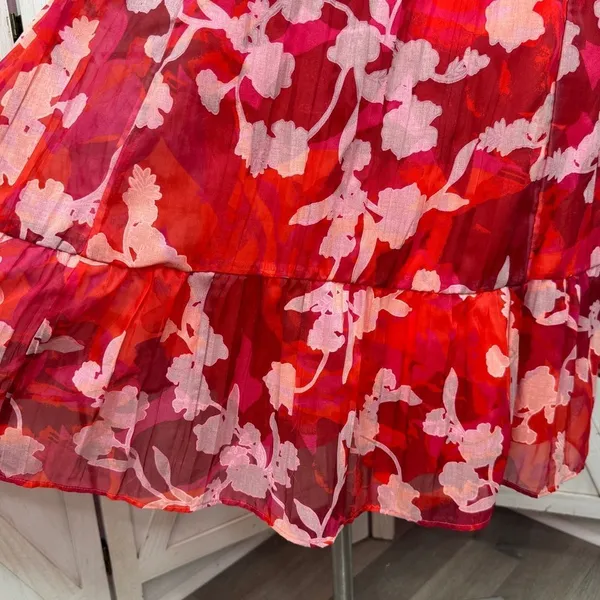 Torrid Floral Crinkle Fabric Tiered Puff Sleeve Smocked Midi Dress Red‎ Pink 12 - Image 9