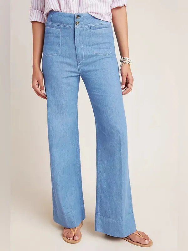 Pilcro Women High-Rise Wide-Leg Trouser Jeans 24P Boho Blue Cotton Linen Coastal - Image 10