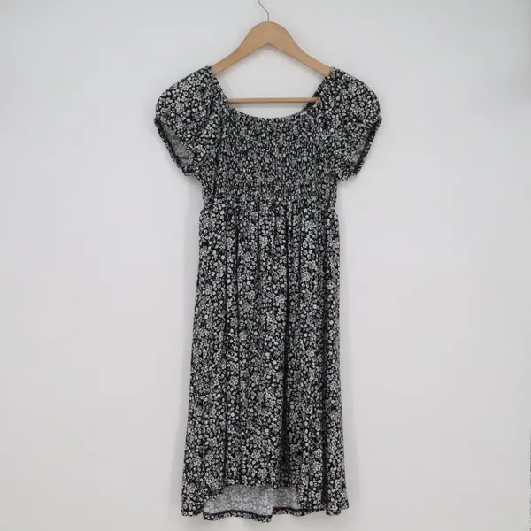 Derek Heart Maternity Smocked Floral Dress Black White Ditsy Square Neck Medium - Image 4
