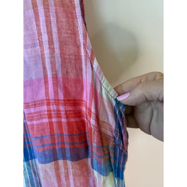 C&C California Sleeveless 100% Linen Plaid Mini Dress Pink Women's Size 6 Boho - Image 3