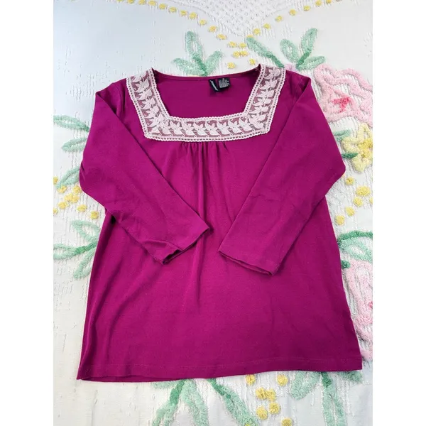 Jason‎ Maxwell Magenta Pink Square Neck Lace Trim 3/4 Sleeve Knit Top Blouse M - Image 2