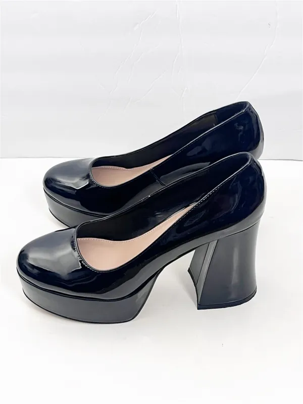 LULUS Joanah Black Patent Leather Round Toe Chunky Platform Block Heels Size 9 - Image 5