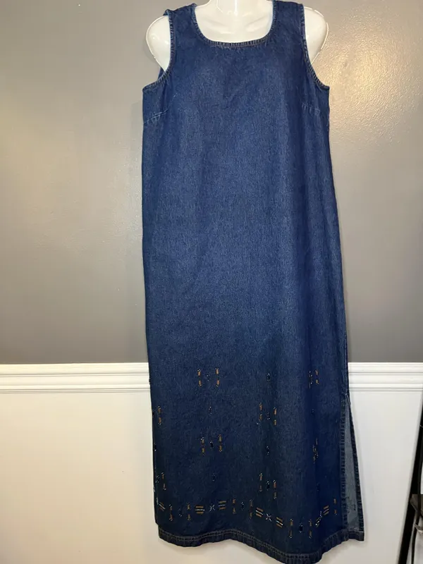 Parsley & Sage Dress Womens Large Blue Denim Beaded Hem Tank Maxi Sleeveless - Image 2