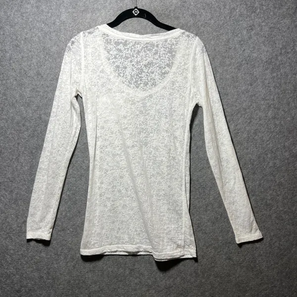 Y2K White Burnout Slub Knit Long Sleeve Top Sheer Scoop Neck‎ Pocket Size L - Image 7