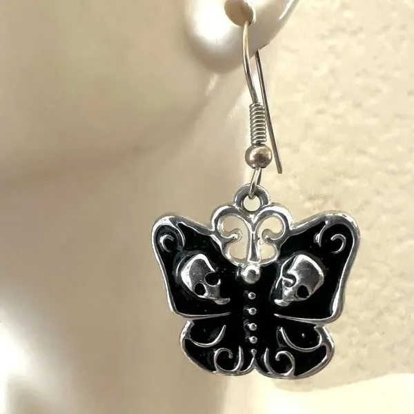 Goth Butterfly Skull Enamel Earrings Black - Image 3