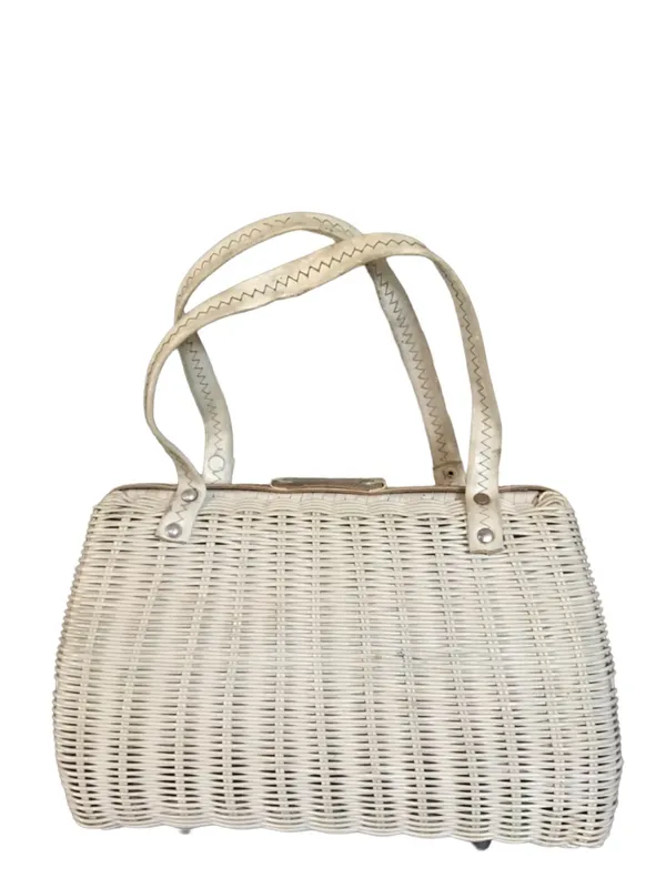 Vintage 1960'S Styled By Bounty White Wicker With Mauve & Gray Faux Suede Bag - Image 4
