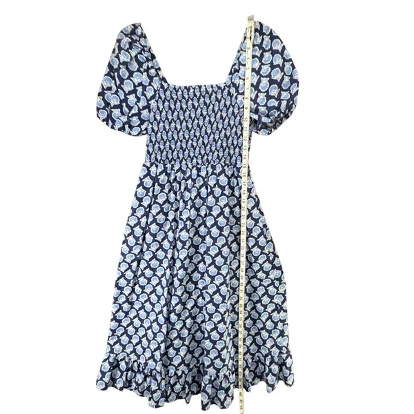 J Crew Smocked Midi Dress Women S Blue White Floral Puff Sleeves Cottage Boho - Image 9