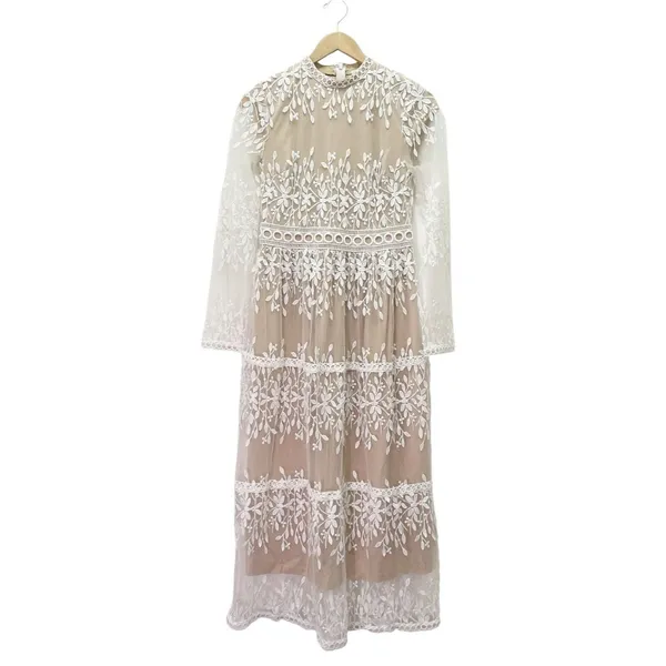Bohme Lola Lace Midi Dress Small Beige Ivory Embroidered Sheer Long Sleeve Boho - Image 2