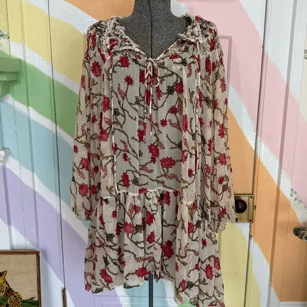 Free People Keeping Up With Kara Semi Sheer Bohemian Floral Tunic Sz Large 🧡🍄 - Image 3