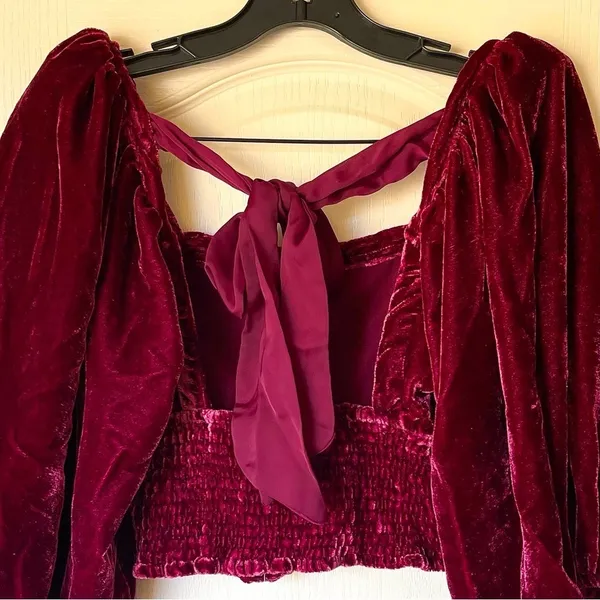 Free People Marie Velvet Open Back Crop Top‎ Balloon Sleeves Red Small NWT - Image 7