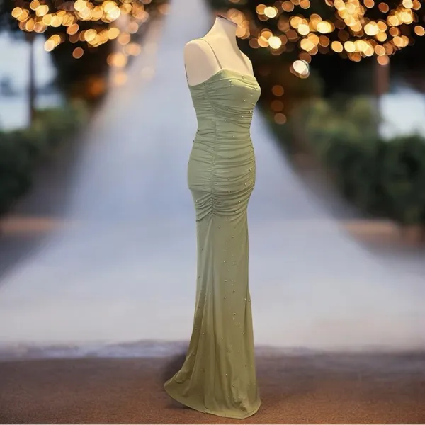 Windsor Shimmering Desire Sage Rhinestone Ruched Mesh Formal Dress XS - Image 2