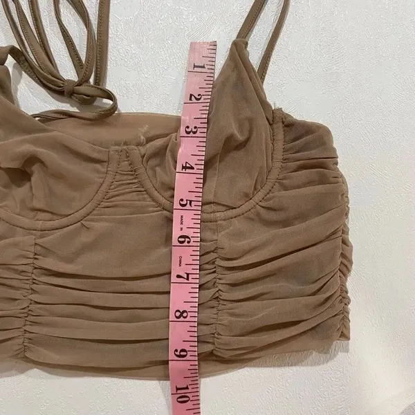 Tic Toc Ruched Mesh Crop Top Small Beige Nude Y2K Going Out Top - Image 6